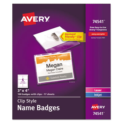 Avery Clip-Style Name Badge Holder with Laser/Inkjet Insert, Top Load, 4 x 3, White, 100/Box AVE74541
