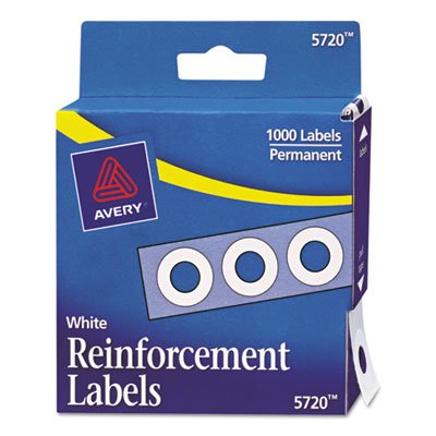 Avery Dispenser Pack Hole Reinforcements, 1/4" Dia, White, 1000/Pack AVE05720