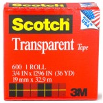 Scotch Transparent Tape, 3/4" x 1296", 1" Core, Clear MMM600341296