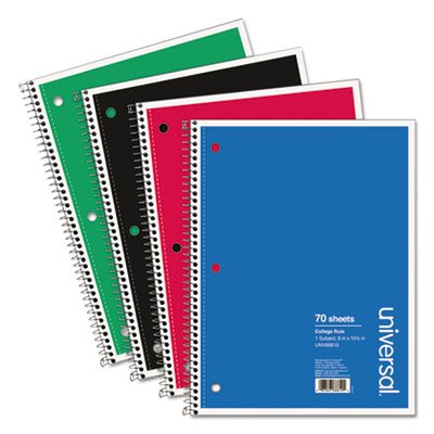 UNV66610 1 Sub. Wirebound Notebook, 8 x 10 1/2, College Rule, 70 Sheets, Assorted Cover UNV66610