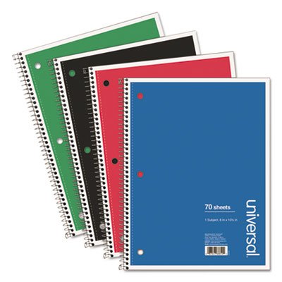 1 Sub. Wirebound Notebook, 8 x 10 1/2, Wide Rule, 70 Sheets, Asst Cover, 4/PK UNV66624