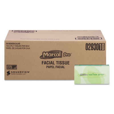 Marcal PRO 100% Recycled Convenience Pack Facial Tissue, Septic Safe, 2-Ply, White, 100 Sheets/Box, 30 Boxes/Carton MRC2930