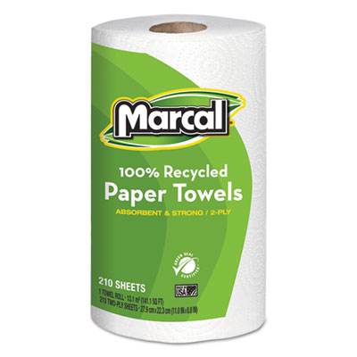 Marcal 100% Recycled Roll Towels, 2-Ply, 8 3/4 x 11, 210 Sheets, 12 Rolls/Carton MRC6210