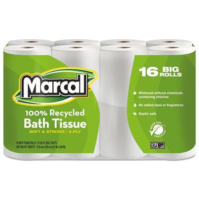 16466 100% Recycled Two-Ply Toilet Tissue, White, 16 Rolls/Pack MRC1646616PK