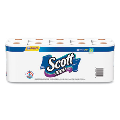 Scott 1000 Bathroom Tissue, Septic Safe, 1-Ply, White, 1000 Sheet/Roll, 20/Pack KCC20032