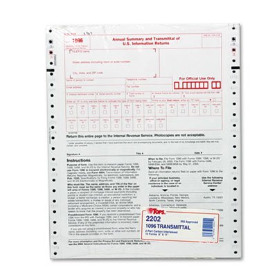 Tops 1096 IRS Approved Tax Forms, 8 x 11, 2-Part Carbon, 10 Contin Forms TOP2202