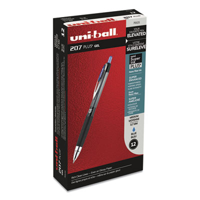 Uni-Ball 207PLUS+ Retractable Gel Pen, Medium 0.7 mm, Blue Ink, Black Barrel, Dozen UBC70121