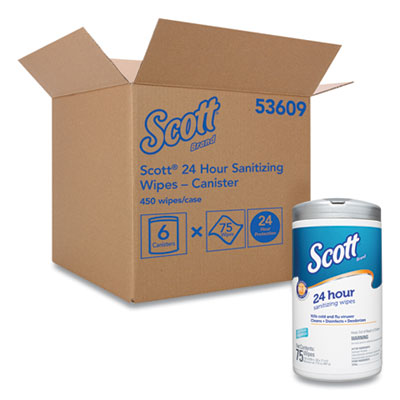 Scott 24-Hour Sanitizing Wipes, 4.5 x 8.25, White, 75/Canister, 6 Canisters/Carton KCC53609