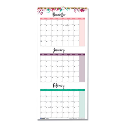 Blueline 3-Month Wall Calendar, 12.25 x 27, Floral, 2021 REDC171129
