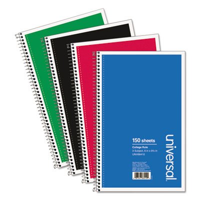 UNV66410 3 Sub. Wirebound Notebook, 6 x 9 1/2, College Rule, 150 Sheets, Assorted Cover UNV66410