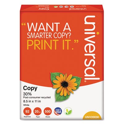 UNV20030 30% Recycled Copy Paper, 92 Brightness, 20lb, 8 1/2 x 11, White, 5000/Carton UNV20030