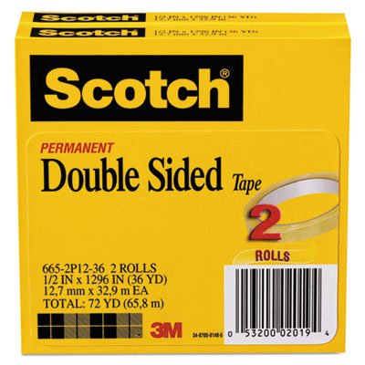 Scotch 665 Double-Sided Tape, 1/2" x 1296", 3" Core, Transparent, 2/Pack MMM6652P1236
