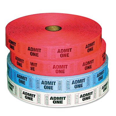 Pm Company GEN Admit-One Ticket Multi-Pack, 4 Rolls, 2 Red, 1 Blue, 1 White, 2000/Roll PMC59001