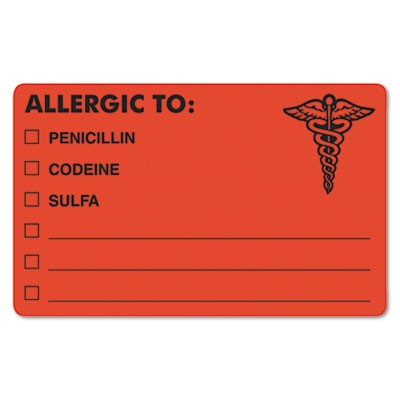 Tabbies MAP488 Allergy Warning Labels, ALLERGIC TO: PENICILLN, CODEINE, SULFA, 2.5 x 4, Fluorescent Red, 100/Roll TAB00488