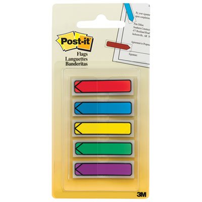 Post-It Flags 684ARR1 Arrow 1/2" Page Flags, Blue/Green/Purple/Red/Yellow, 20/Color, 100/Pack MMM684ARR1