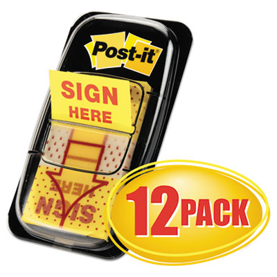 Post-it Flags Arrow Message 1" Page Flags, Sign Here, Yellow, 50/Dispenser, 12 Dispensers/PK MMM680SH12