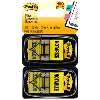 Post-It Flags Arrow Message 1" Page Flags, "Notarize," Yellow, 2 50-Flag Dispensers/Pack MMM680NZ2