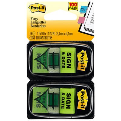Post-It Flags Arrow Message 1" Page Flags, "Sign and Date", Green, 2 50-Flag Dispensers/Pack MMM680SD2