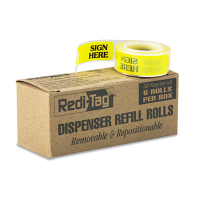 Redi-Tag Arrow Message Page Flag Refills, "Sign Here", Yellow, 6 Rolls of 120 Flags RTG91001
