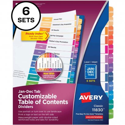 Avery Avery Ready Index 12 Tab Dividers, Customizable TOC, 6 Sets 11830