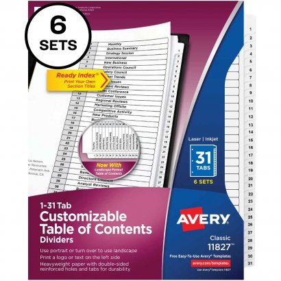 Avery Avery Ready Index 31 Tab Dividers, Customizable TOC, 6 Sets 11827