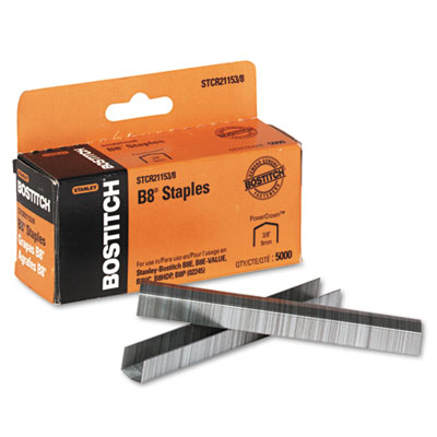 Bostitch B8 PowerCrown Premium Staples, 0.38" Leg, 0.5" Crown, Steel, 5,000/Box BOSSTCR211538