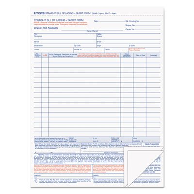 TOPS Bill of Lading,16-Line, 8-1/2 x 11, Three-Part Carbonless, 50 Forms TOP3846