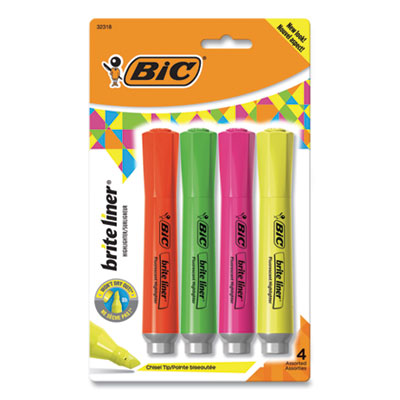 BIC BLMGP41 AST Brite Liner Tank-Style Highlighter, Chisel Tip, Assorted Colors, 4/Set BICBLMGP41ASST