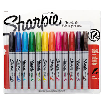 Sharpie Brush Tip Permanent Marker, Medium, Assorted Colors, 12/Set SAN1810704
