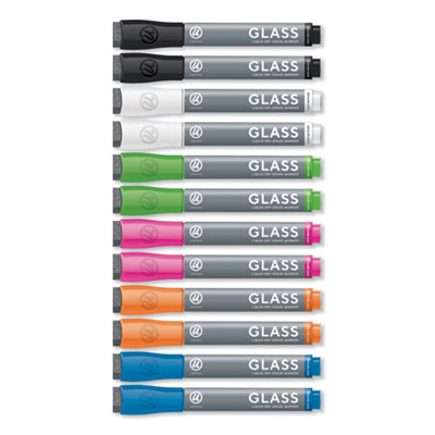 U Brands 2913U00-12 Bullet Tip Low-Odor Liquid Glass Markers with Erasers, Assorted Colors, 12/Pack UBR2913U0012