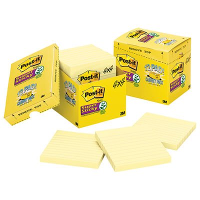 Post-It Notes Super Sticky Canary Yellow Note Pads, 4 x 4, Lined, 90/Pad, 12 Pads/Pack MMM67512SSCP