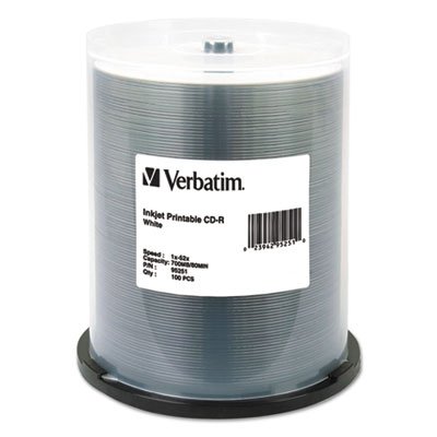 CD-R, 700MB, 52X, White Inkjet Printable, 100/PK Spindle VER95251