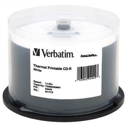 Verbatim CD-R 80MIN 700MB 52x DataLifePlus White Thermal Printable 50pk Spindle 94949