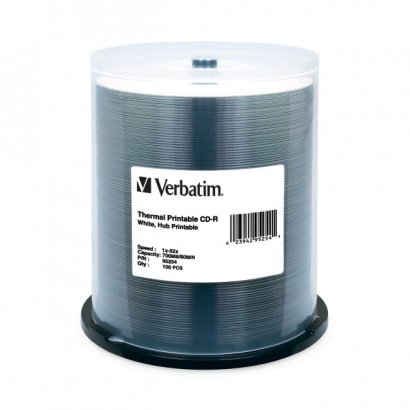 Verbatim CD-R 80MIN 700MB 52x White Thermal Printable, Hub Printable 100pk Spindle 95254