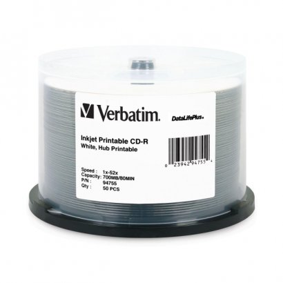 Verbatim CD-R 80MIN 700MB 52x DataLifePlus White Inkjet, Hub Printable 50pk Spindle 94755