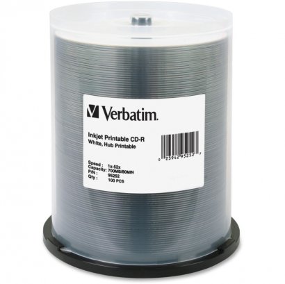 Verbatim CD-R 80MIN 700MB 52x White Inkjet Printable, Hub Printable 100pk Spindle 95252