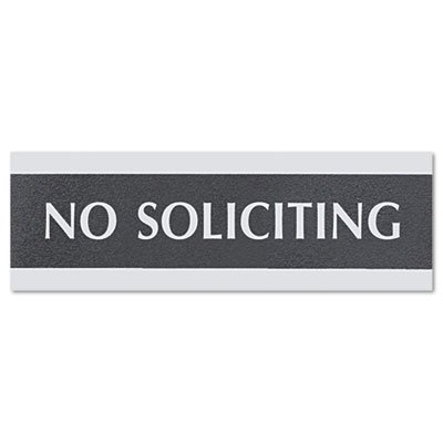 Headline Sign Century Series Office Sign, NO SOLICITING, 9 x 3, Black/Silver USS4758