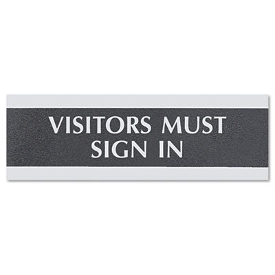 Headline Sign Century Series Office Sign, VISITORS MUST SIGN IN, 9 x 3, Black/Silver USS4763