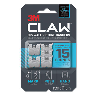 3M 3PH15M-5ES Claw Drywall Picture Hanger, Holds 15 lbs, 5 Hooks and 5 Spot Markers, Stainless Steel MMM3PH15M5ES