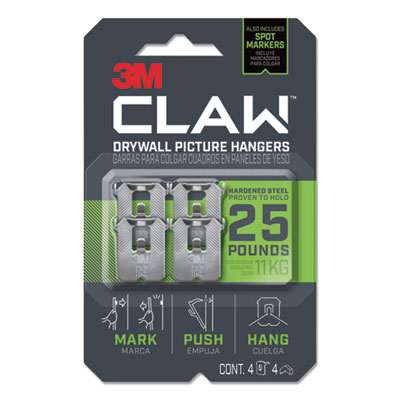 3M 3PH25M-4ES Claw Drywall Picture Hanger, Holds 25 lbs, 4 Hooks and 4 Spot Markers, Stainless Steel MMM3PH25M4ES