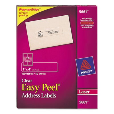 Avery Clear Easy Peel Mailing Labels, Laser, 1 x 4, 1000/Box AVE5661