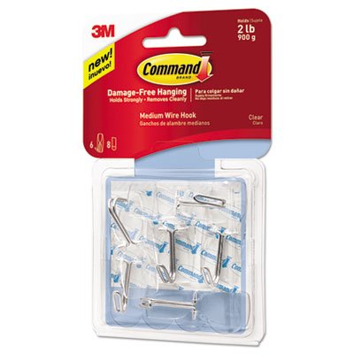 Clear Hooks & Strips, Plastic, Medium, 6 Hooks & 8 Strips/Pack MMM17065CLRVPES