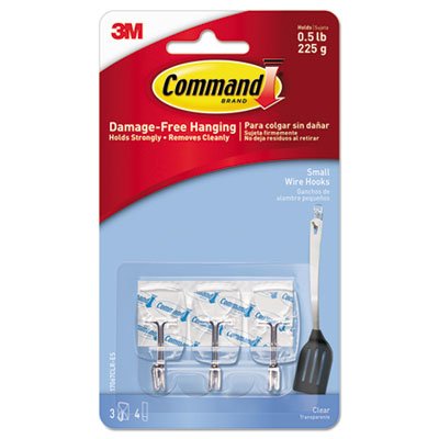 Command Clear Hooks & Strips, Plastic/Wire, Small, 3 Hooks & 4 Strips/Pack MMM17067CLRES
