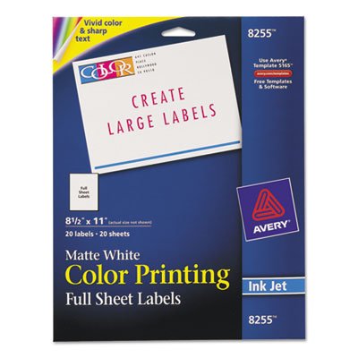 Avery Color Printing Mailing Labels, 8 1/2 x 11, Matte White, 20/Pack AVE8255