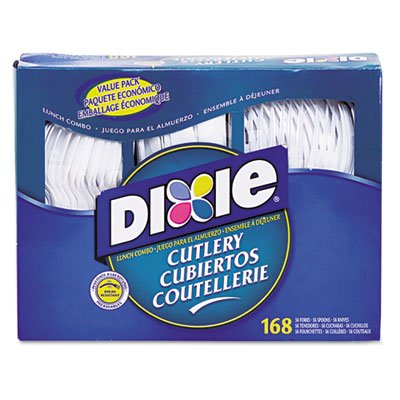 Dixie CM168 Combo Pack, Tray/White Plastic Utensils, 56 Forks, 56 Knives, 56 Spoons, 6 Packs DXECM168CT