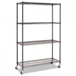 Complete Wire Shelving Unit w/Caster, Four-Shelf, 48 x 18 x 72, Black ALESW604818BL