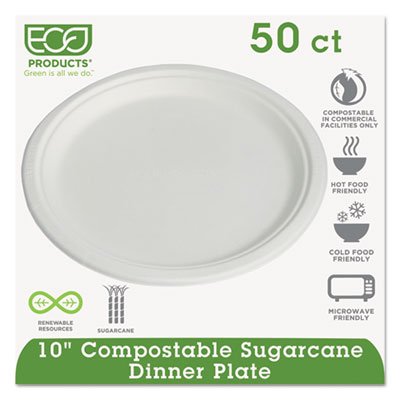Eco-Products EP-P005PK Compostable Sugarcane Dinnerware, 10" Plate, Natural White, 50/Pack ECOEPP005PK
