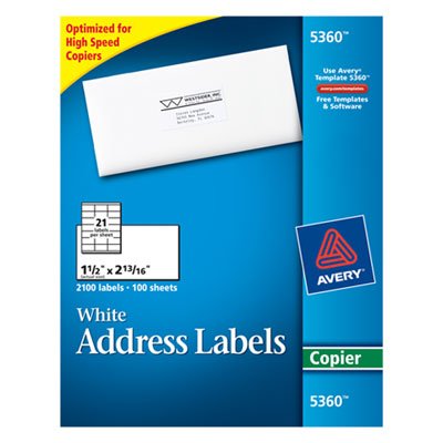 Avery Copier Mailing Labels, 1 1/2 x 2 13/16, White, 2100/Box AVE5360