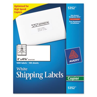 Avery Copier Mailing Labels, 2 x 4 1/4, White, 1000/Box AVE5352