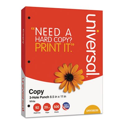 UNV28230 Copy Paper, 92 Brightness, 20lb, 8-1/2 x 11, 3-Hole Punch, White, 5000 Shts/Ctn UNV28230